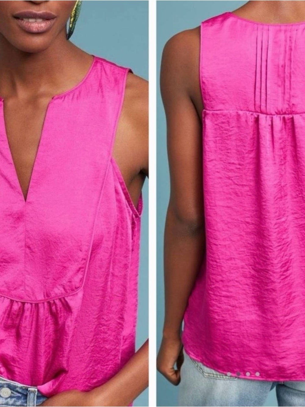 Anthropologie Satin V-Neck Sleeveless Tank - Fuchsia